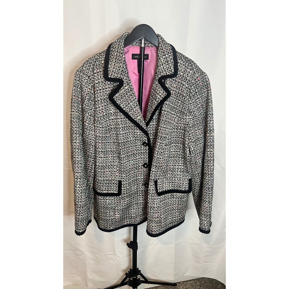 Lane Bryant Womens Plus Size 28 Tweed Blazer Multi Color Black Trim Pink Lining